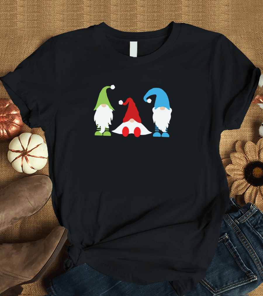 Imp Gnome Trio in Festive Caps for Colorful Holidays T-Shirt