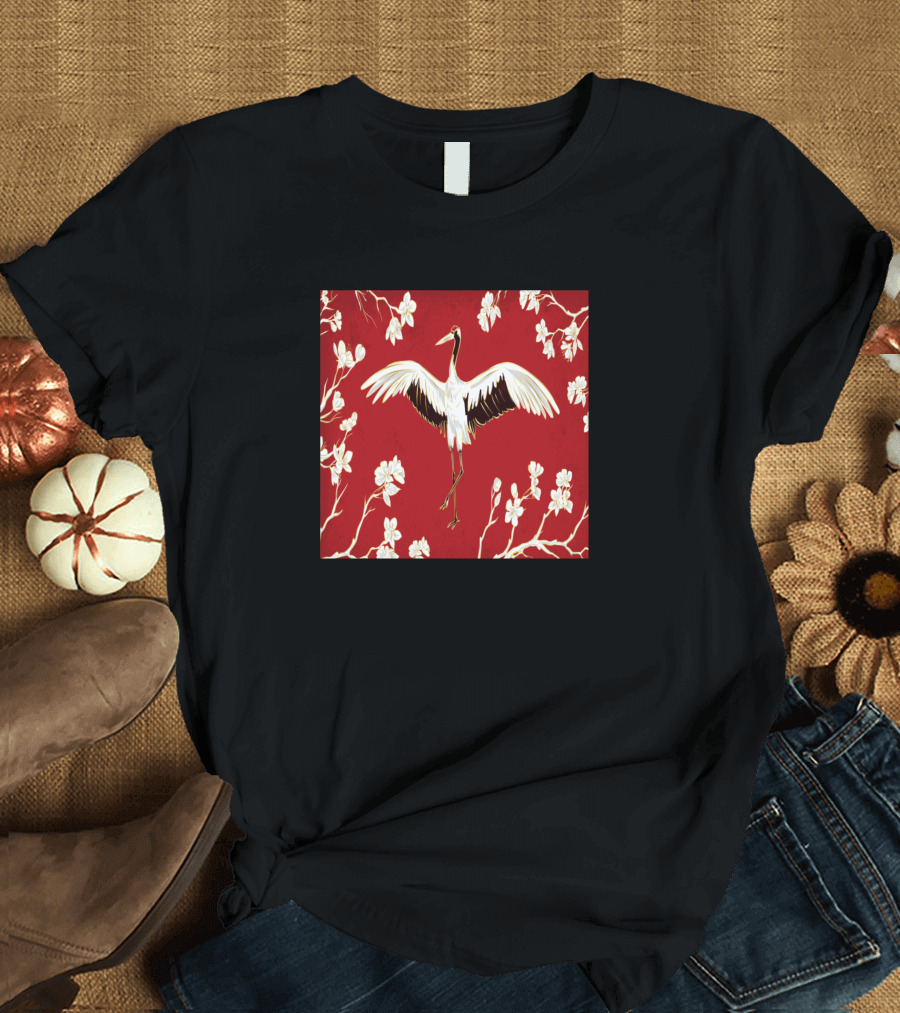 Watercolor Crane White Blossoms T-Shirt