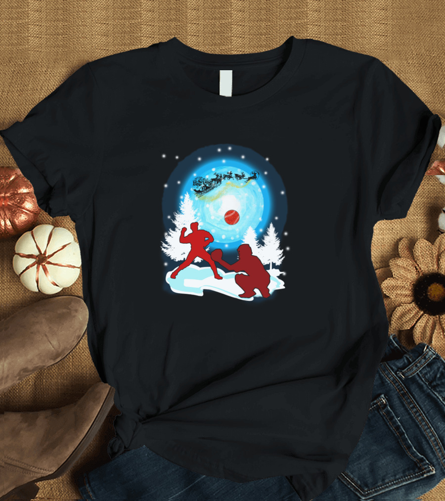 Baseball Playing Pitcher Santa Sleigh Christmas Day Snow Moon T-Shirt