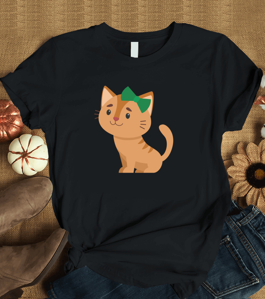Adorable Brown Cat with Green Bow T-Shirt