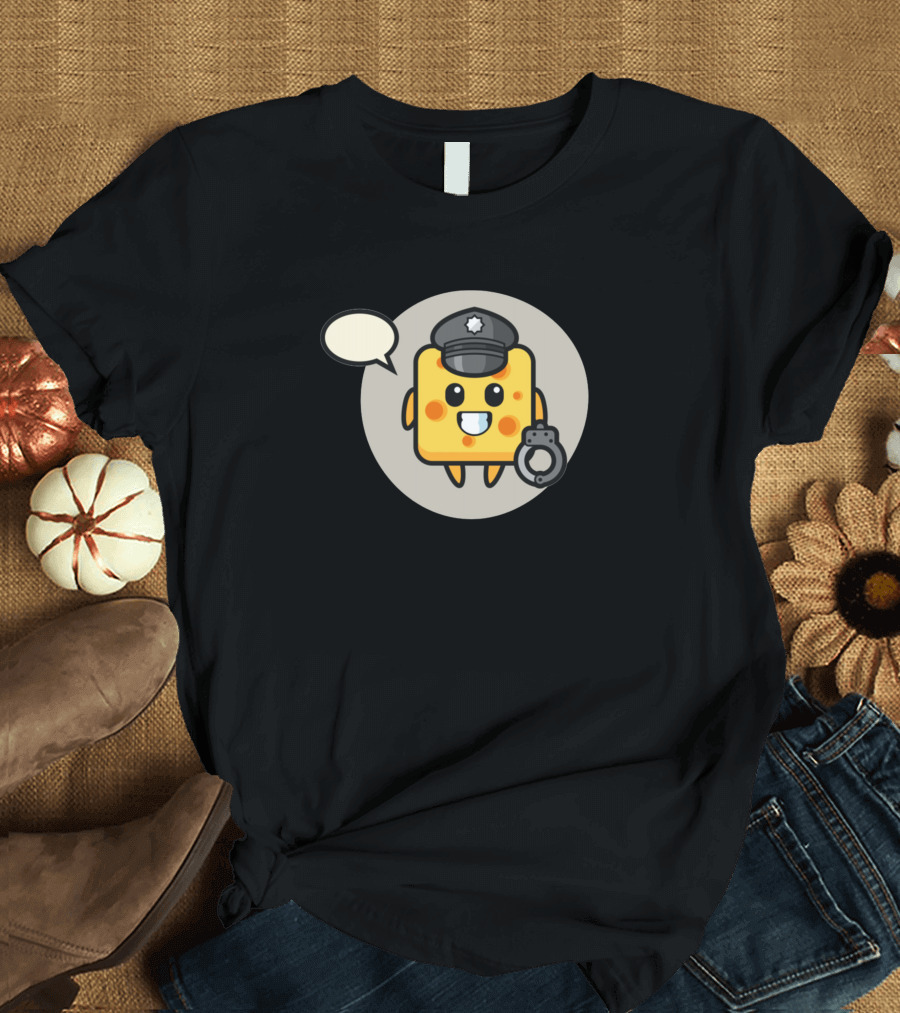 Cute Cartoon Cheese Police Character with Handcuffs T-Shirt