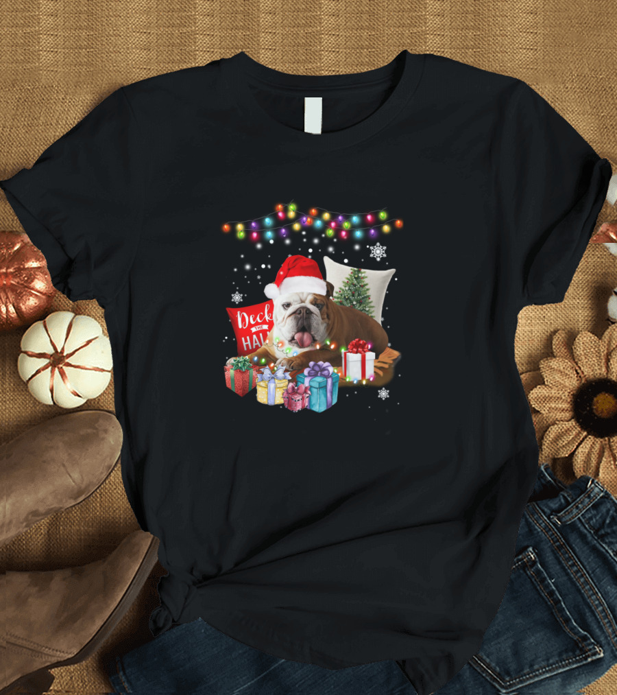 Bulldog Lying On The Floor Deck The Halls Christmas Lights Snowflakes Santa Hat Gifts T-Shirt