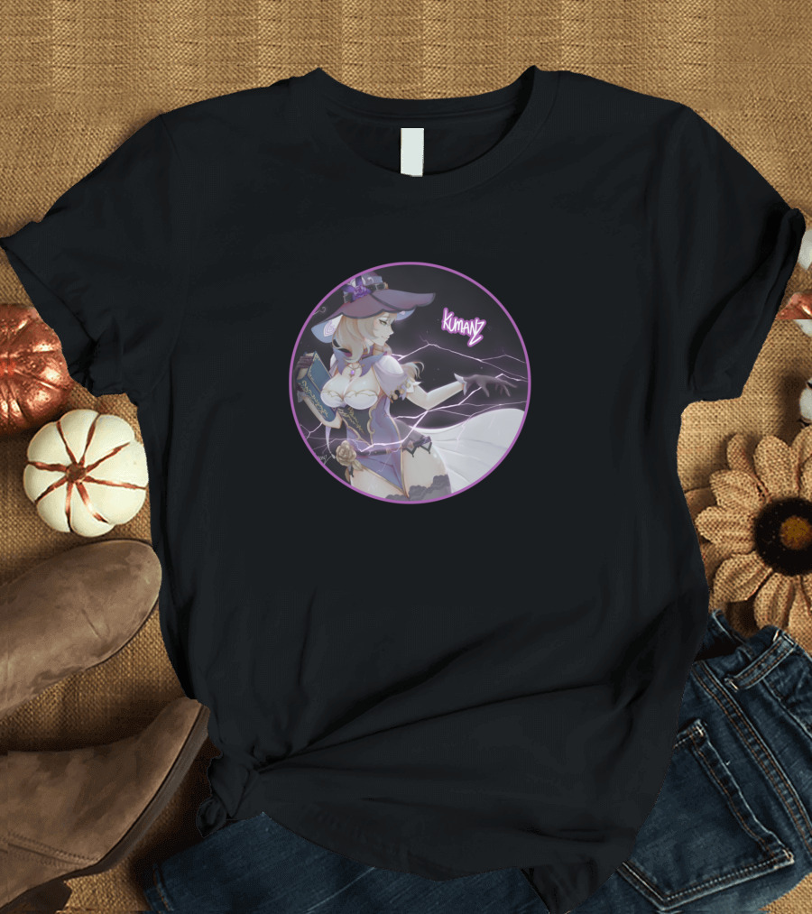Kumanz Anime Witch Character with Book and Lightning in Purple Circle T-Shirt