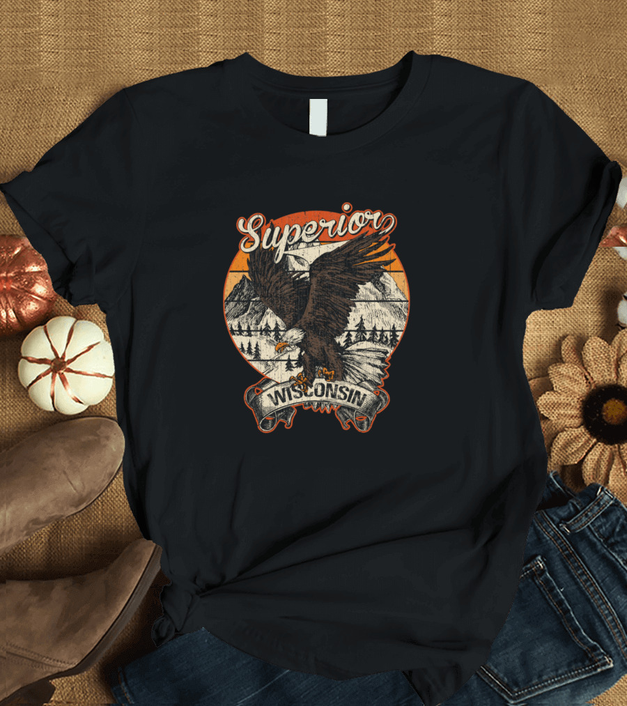 Superior Wisconsin Bald Eagle Retro Vintage Aesthetic Mountain Sunset T-Shirt
