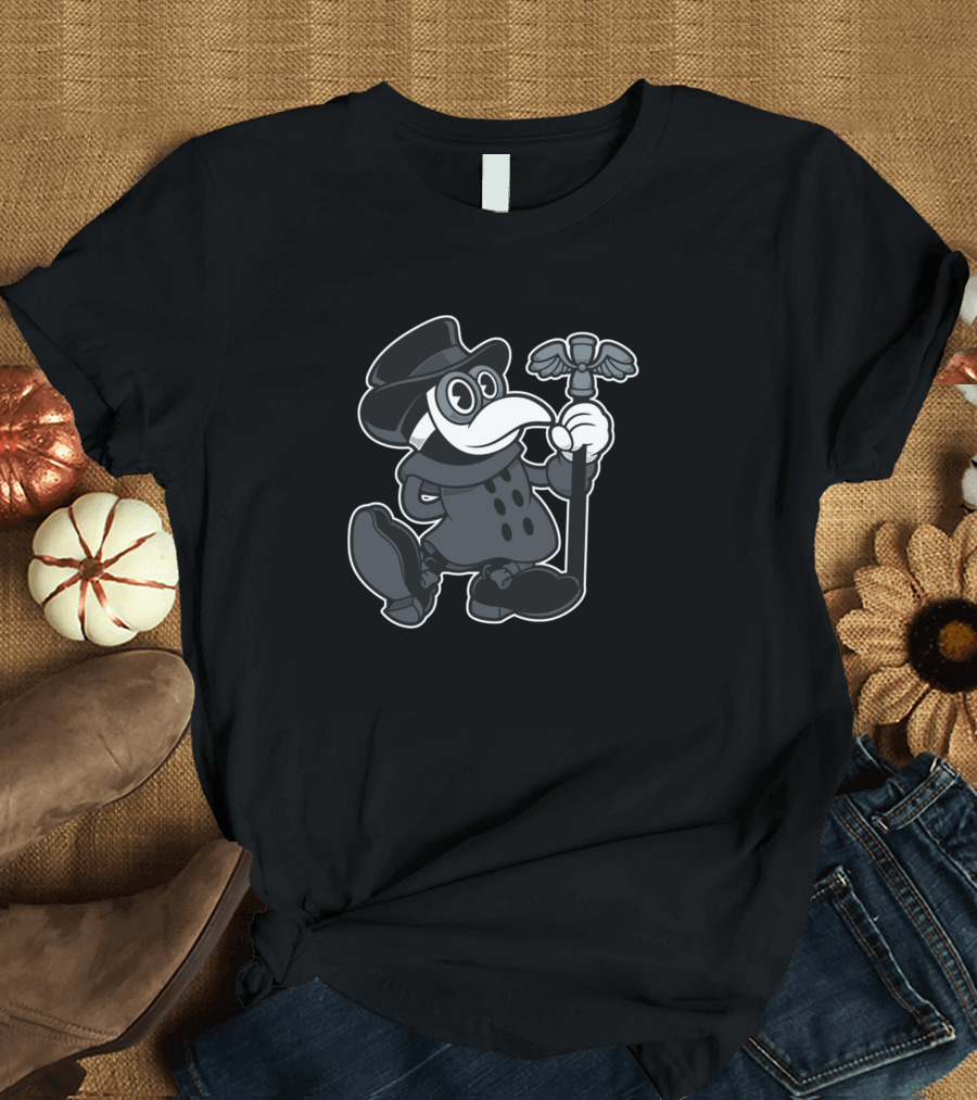 Vintage Cartoon Plague Doctor Creepy Cute Spooky Character with Staff T-Shirt