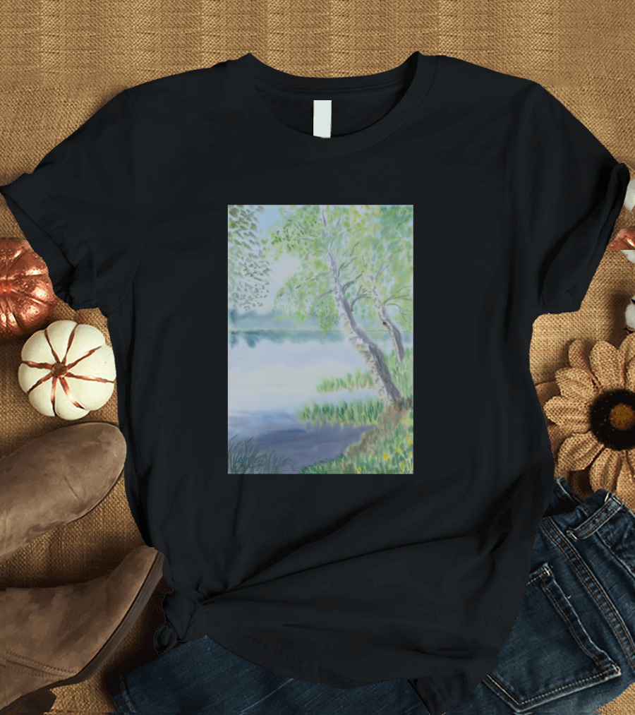Birches By A Lake Serene Waterside Landscape T-Shirt
