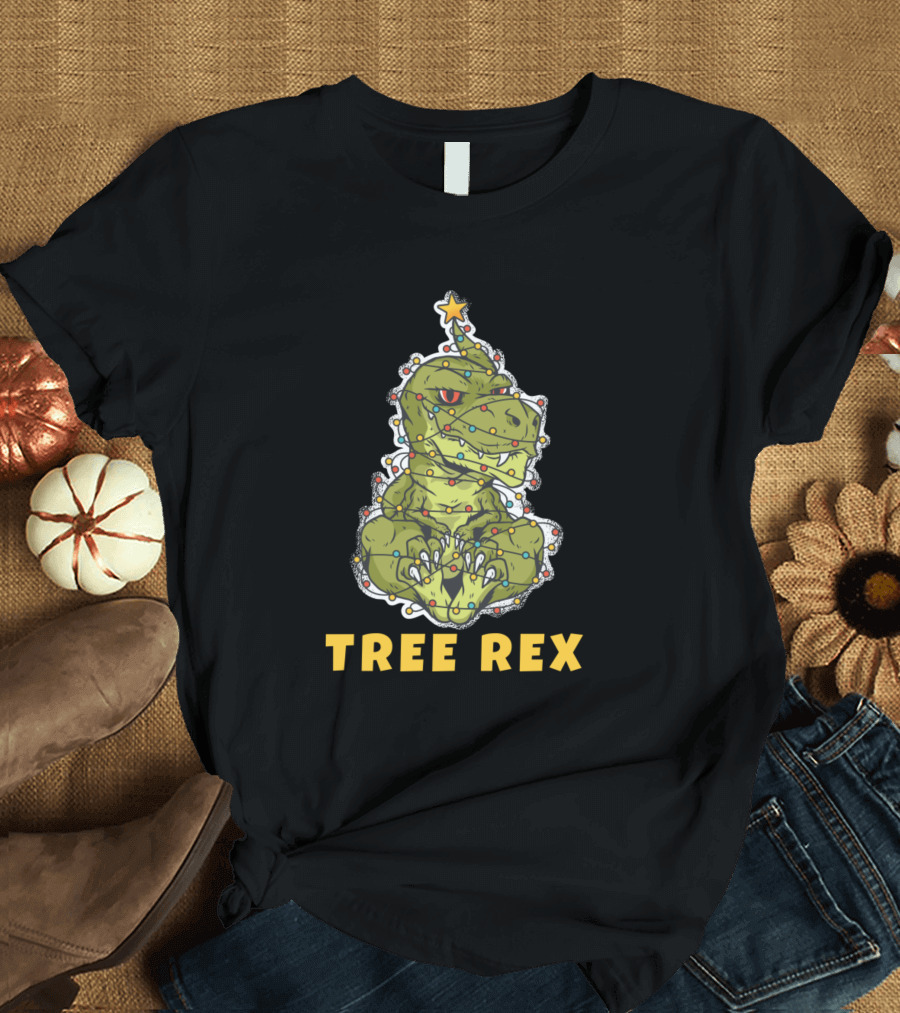 Tree Rex Christmas Dinosaur Lights Star T-Shirt