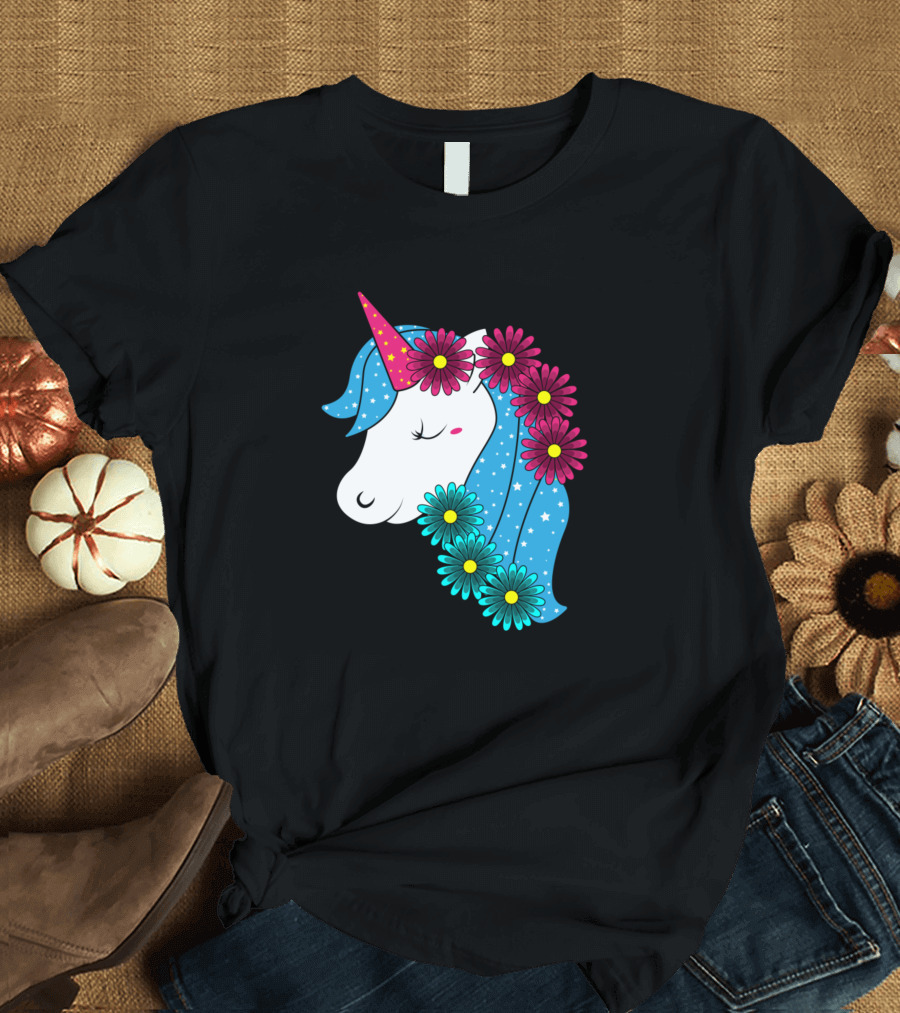 Great Unicorn with Stars and Colorful Flowers T-Shirt