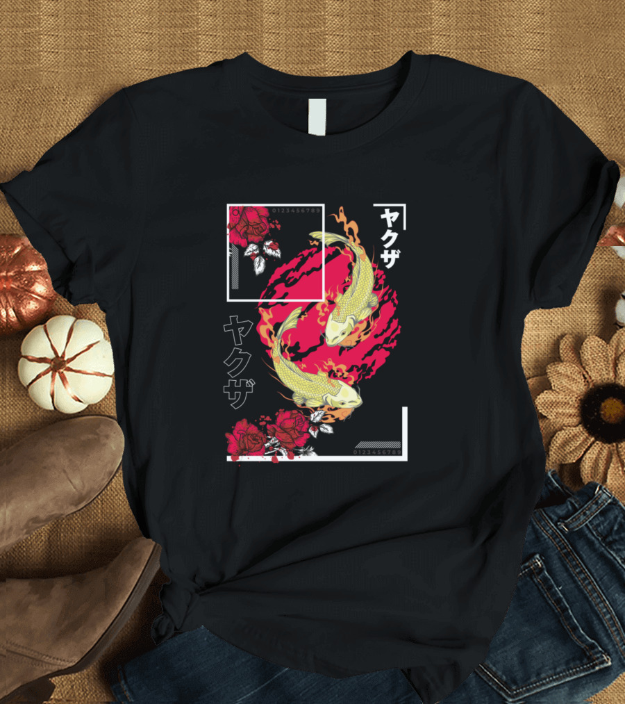 Yakuza Japanese Koi Fish Floral Roses T-Shirt