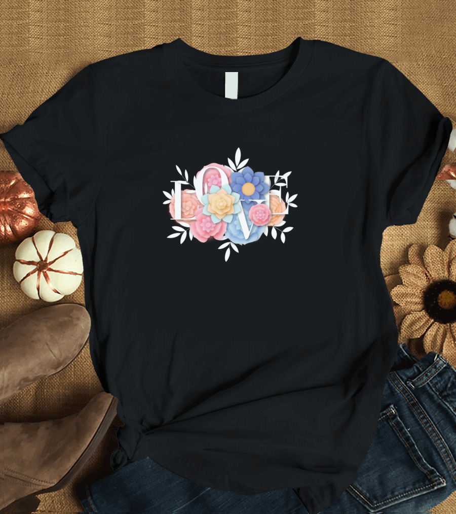 LOVE Floral Arrangement with Pastel Blossoms and Leaves T-Shirt