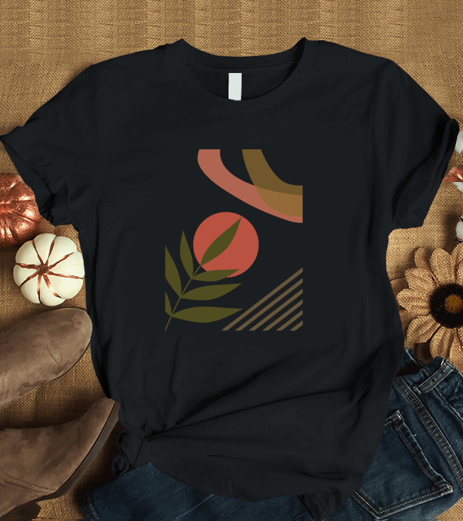 Neutral Boho Geometric Leaves and Terracotta Shapes Overlapping T-Shirt