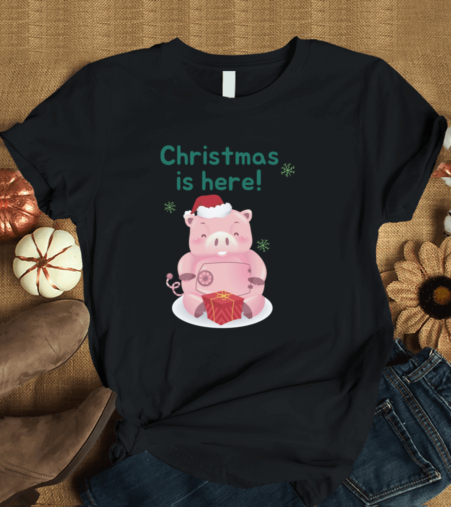 Christmas is Here Merry Pig with Santa Hat and Present T-Shirt
