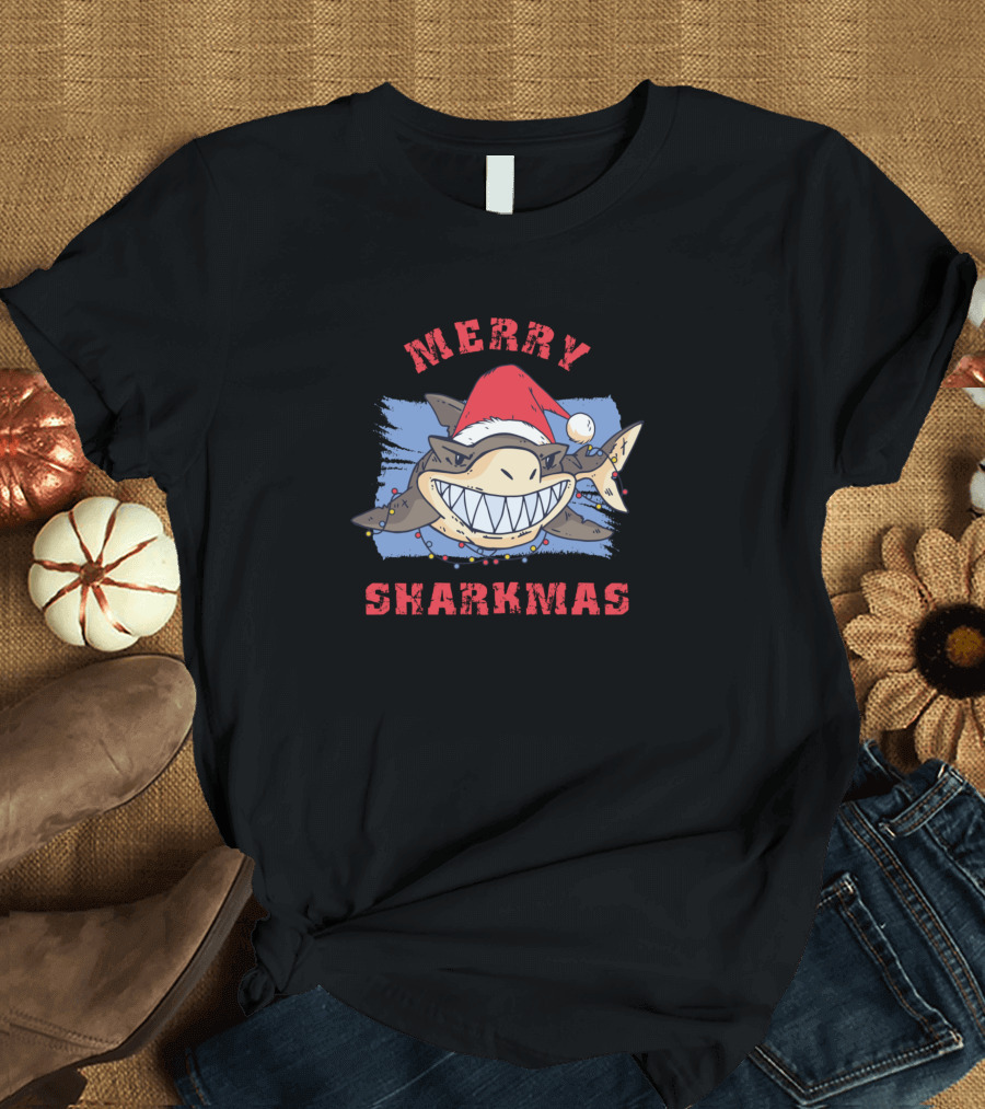 Merry Sharkmas Santa Shark Christmas Lights Funny T-Shirt