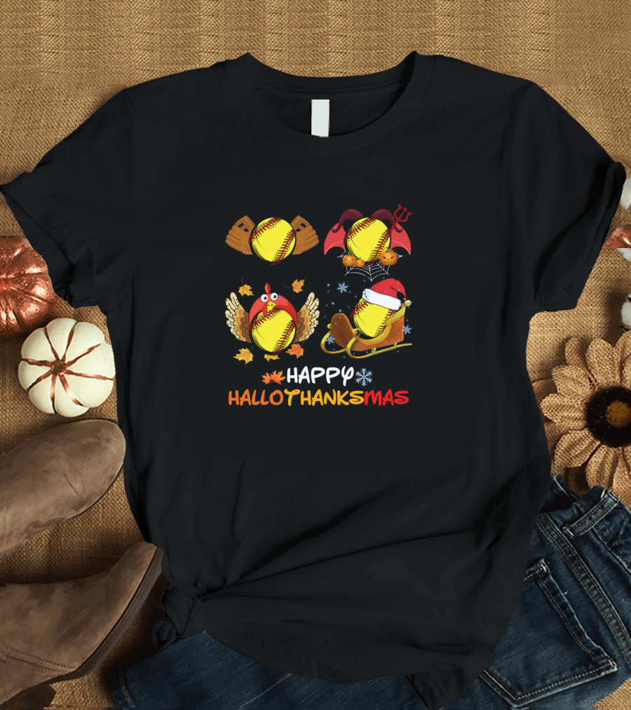 Happy Hallothanksmas Softball Sport Hitter T-Shirt