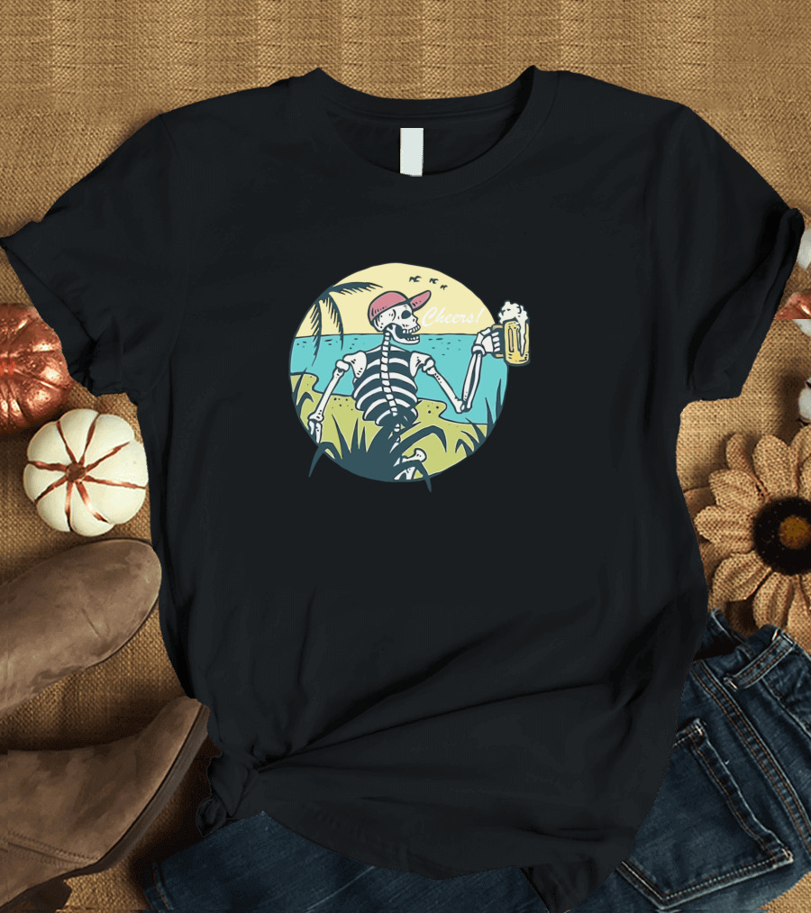 Cheers Skull Skeleton Beach Sunset Beer T-Shirt