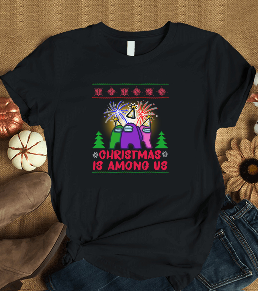 Christmas Is Among Us Crewmates with Festive Fireworks and Party Hats T-Shirt