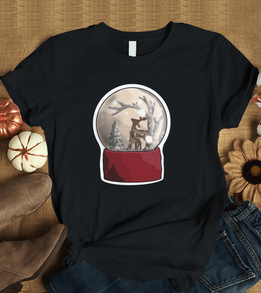Cristal Snow Globe Reindeer Scene T-Shirt