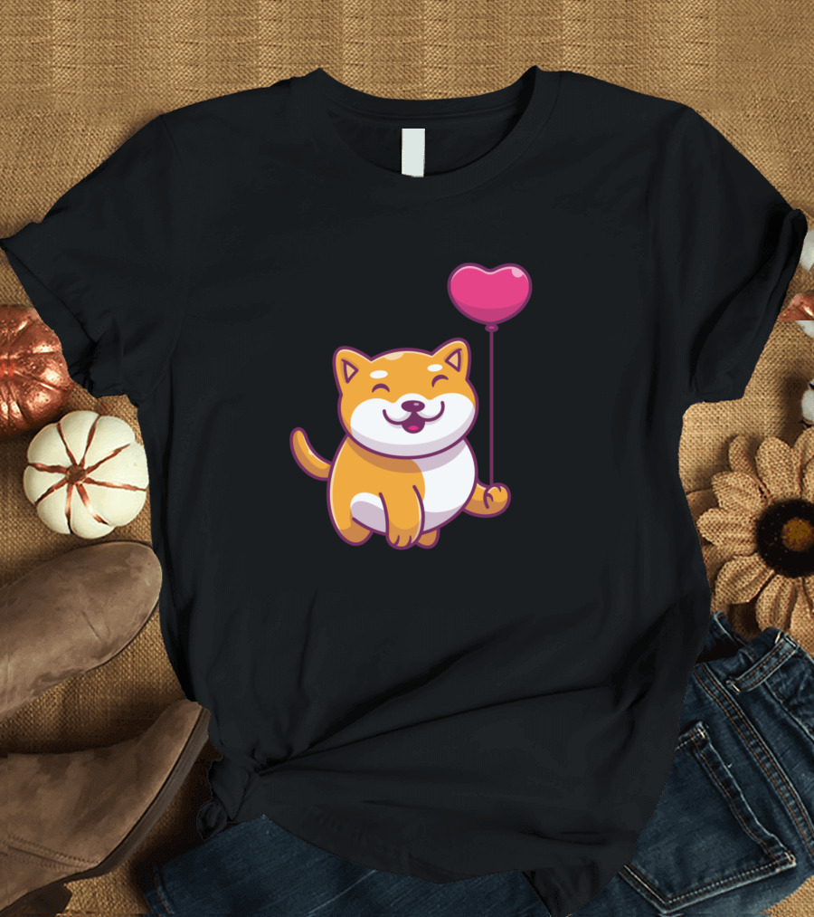 Cute Shiba Inu Holding Heart Balloon Cartoon T-Shirt