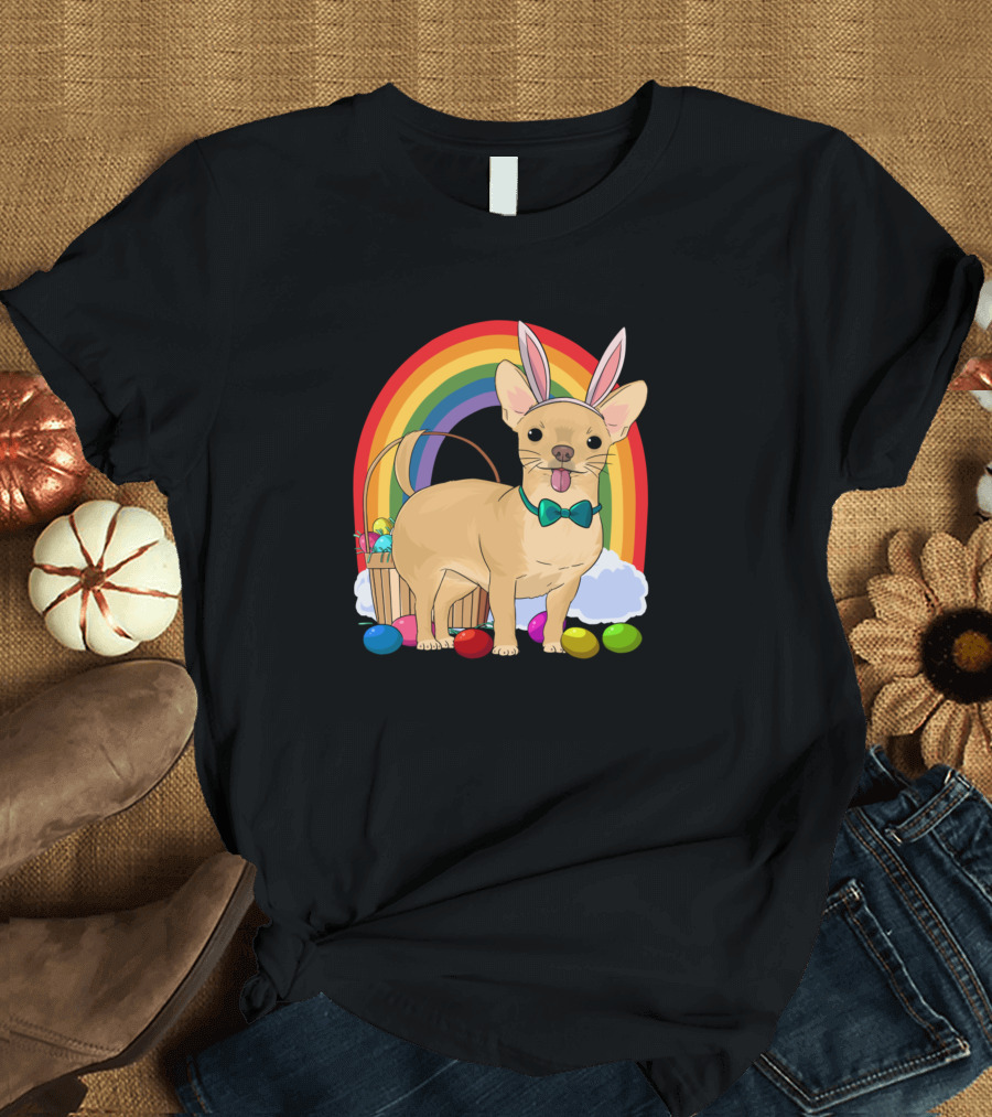 Dogs Chihuahua Bunny Ears Easter Rainbow Basket Happy Day512 T-Shirt