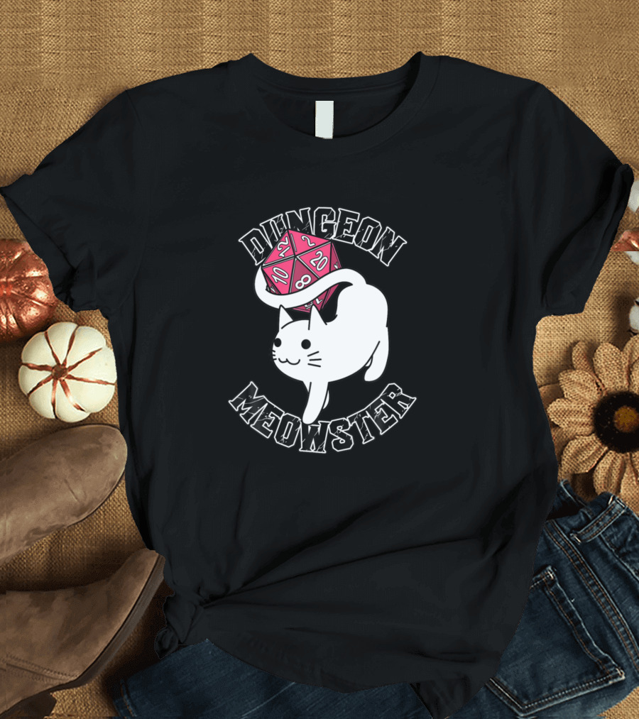 Dungeon Meowster Nerdy Funny Cat Gamer with D20 Dice T-Shirt