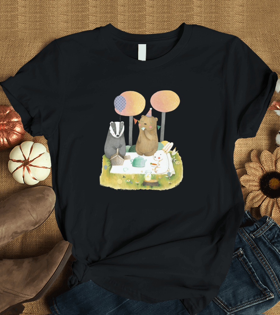 Forest Animals Picnic Party with Badger, Bear, and Rabbit T-Shirt