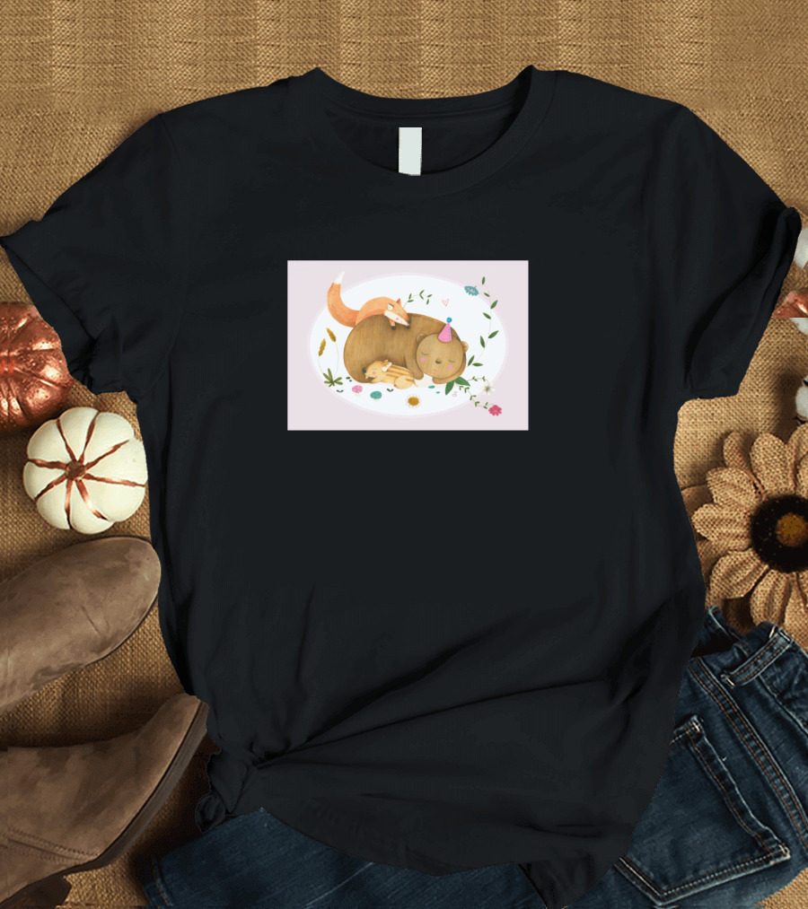 Forest Friends Cozy Slumber with Fox and Bear Party Hat T-Shirt