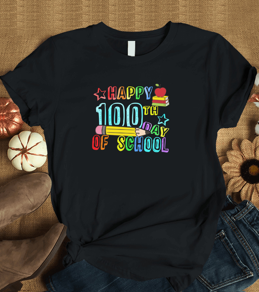 Happy 100th Day of School Teacher Student Celebration Pencil Apple Books T-Shirt
