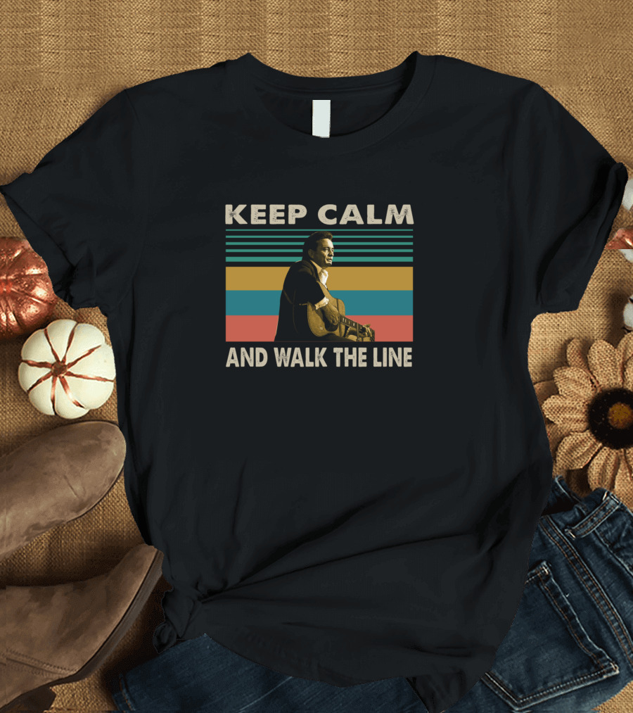 Keep Calm and Walk the Line Johnny Cash Outlaws Music Retro Stripes T-Shirt