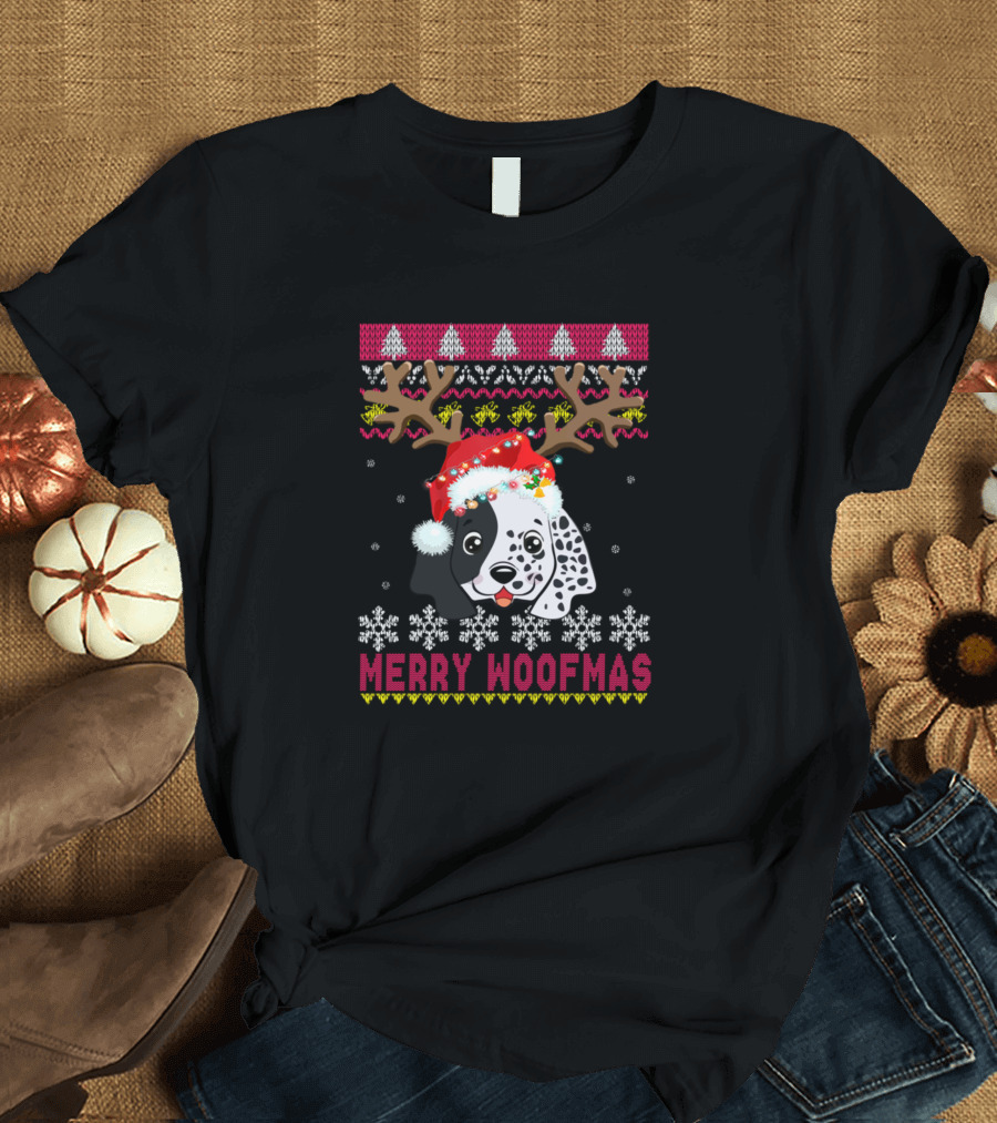 Merry Woofmas English Setter Christmas Reindeer Antlers Santa Hat Snowflakes T-Shirt