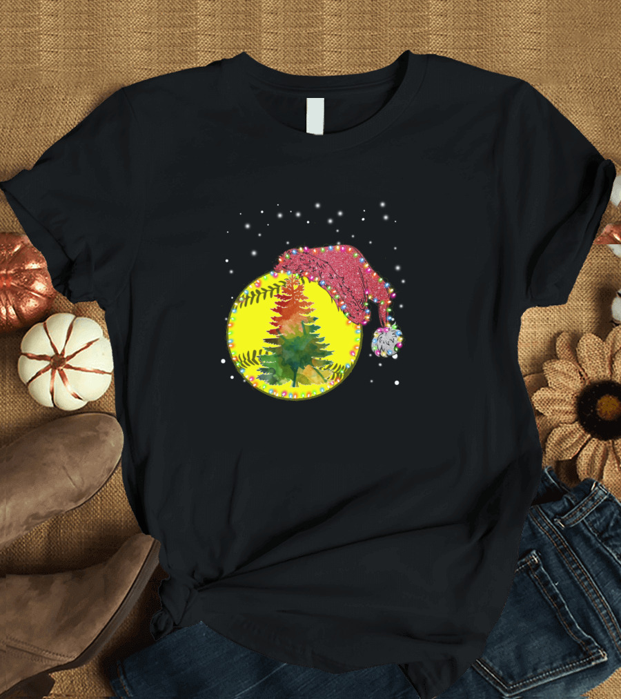 Softball Merry Christmas with Christmas Tree and Santa Hat T-Shirt