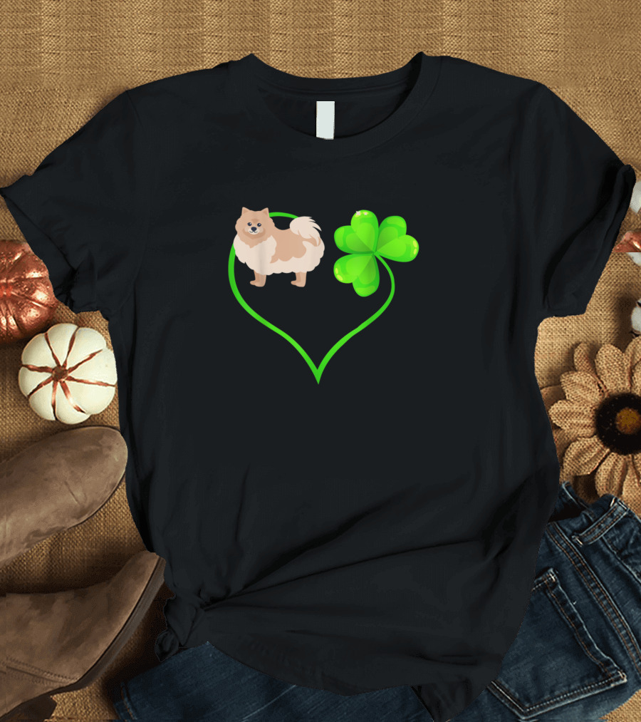 St Patricks Day Pomeranian Dog Love Shamrock Heart T-Shirt