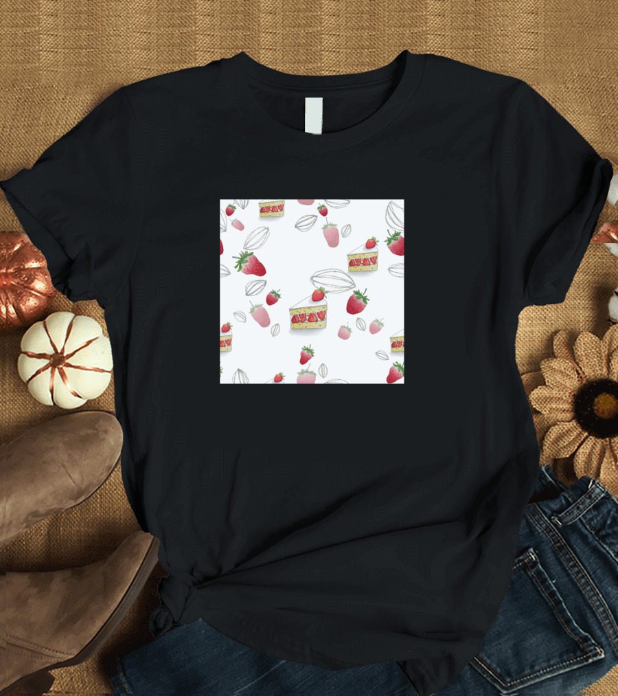 Strawberry Shortcake White Backdrop Red Strawberries Cozy Dessert Motif T-Shirt