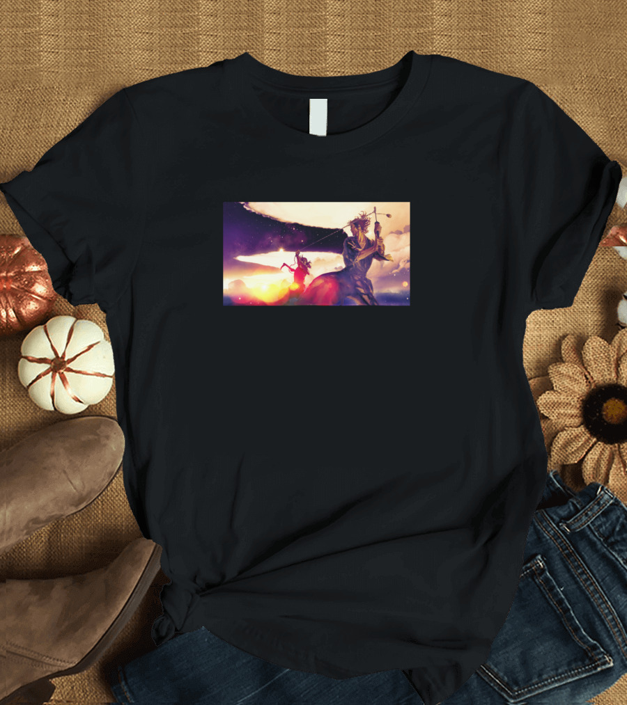Vagabond Dynamic Samurai Warrior with Sword and Fiery Sunset Background T-Shirt