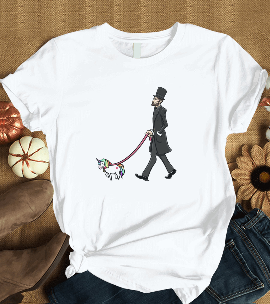 Abraham Lincoln Walking A Unicorn Abe Funny Novelty Top Hat Rainbow T-Shirt