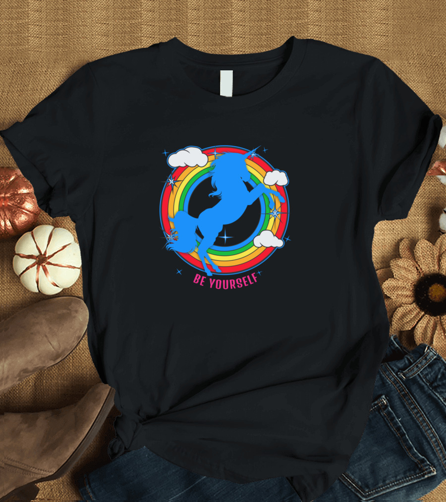 Be Yourself Unicorn Blue Silhouette Rainbow Clouds T-Shirt
