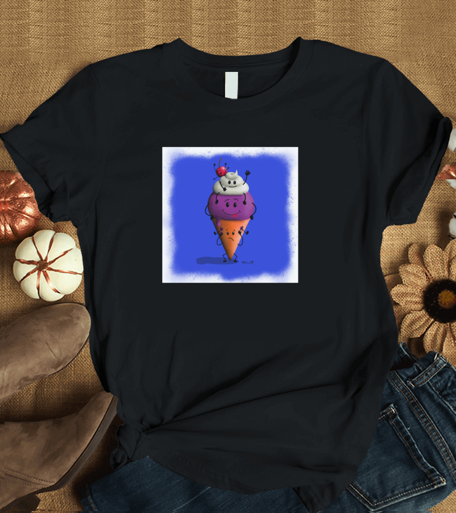 Happy Ice Cream Cone with Smiling Scoops and Ladybug Topping T-Shirt