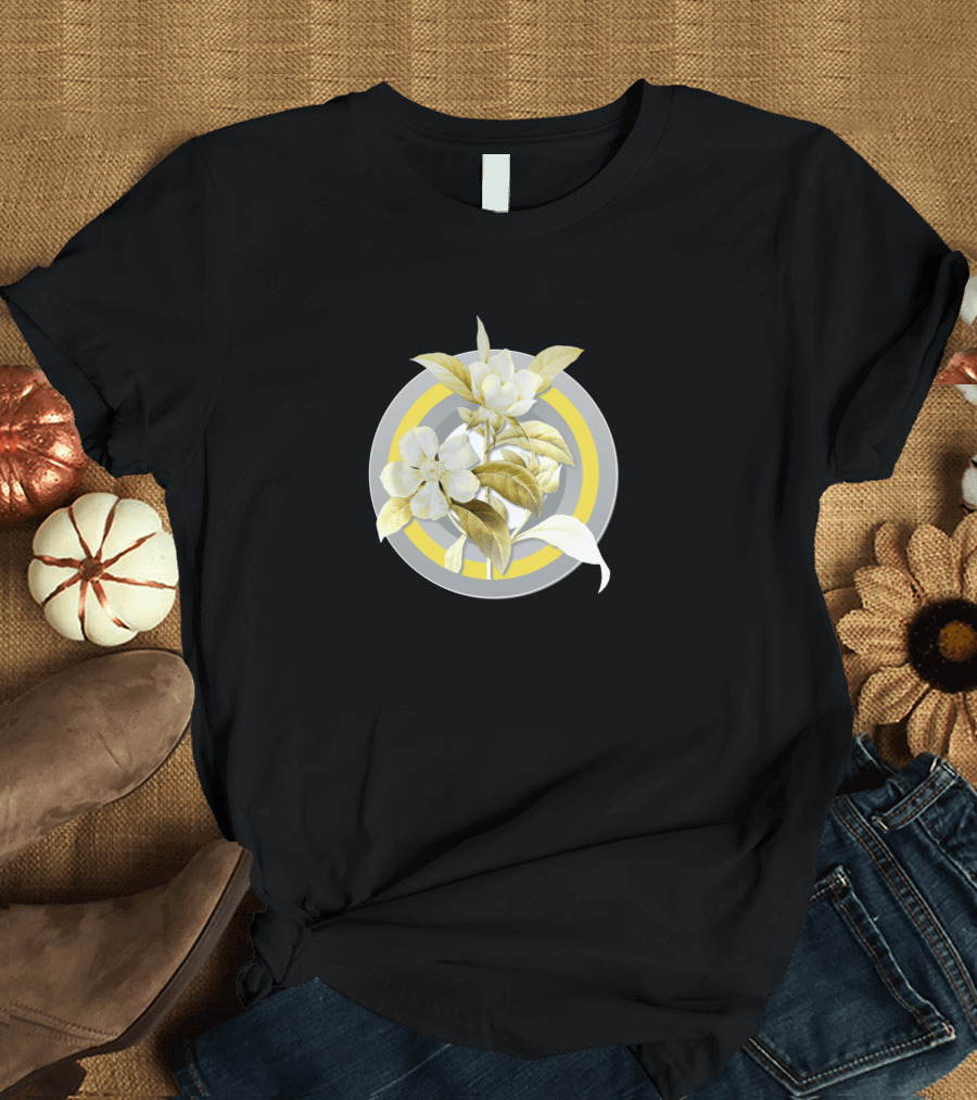 Botanical Illustration Golden Guinea Vine Gray Floral Circle T-Shirt