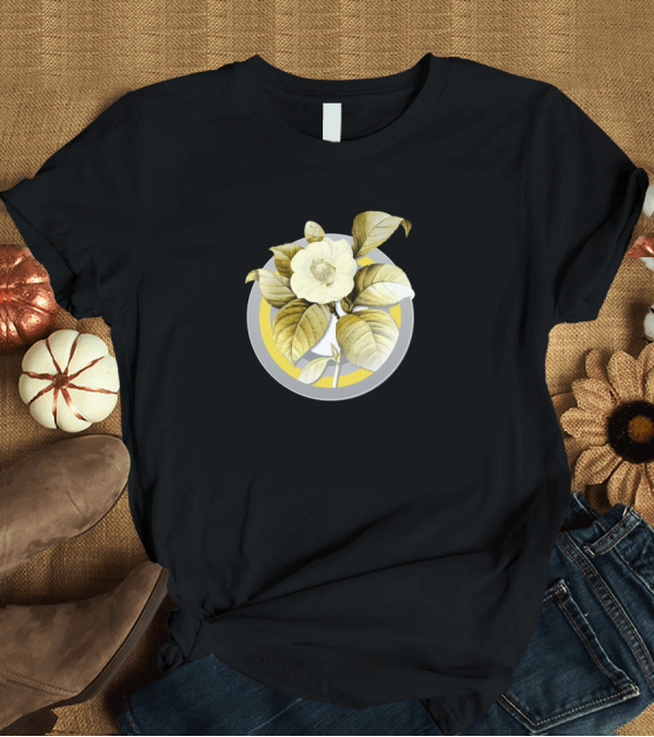 T-Shirt: Botanical Illustration Japanese Camelia In Gray Circle and Yellow Accent T-Shirt Botanical Illustration Japanese Camelia In Gray Circle and Yellow Accent T-Shirt