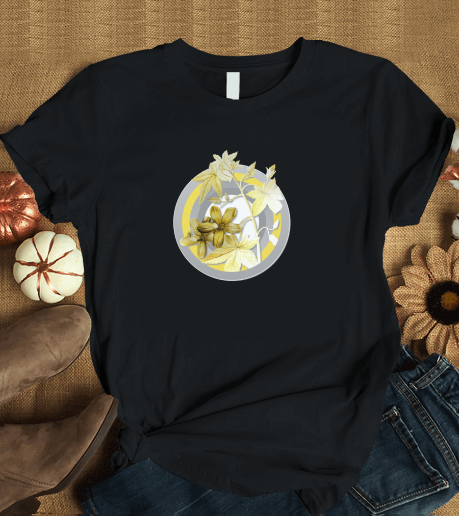 Lavatera Phoenicea Botanical Illustration Gray and Yellow Circle T-Shirt