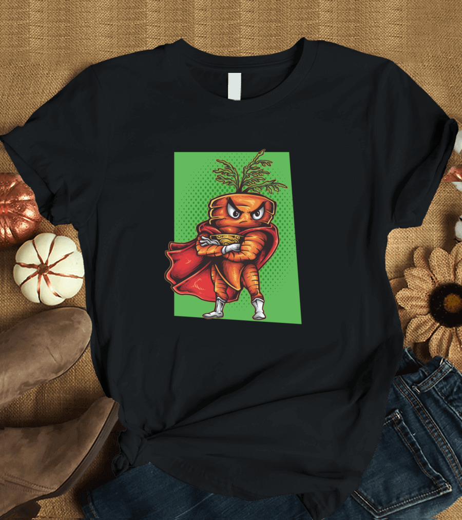 Carrot Superhero with Red Cape and Green Background T-Shirt