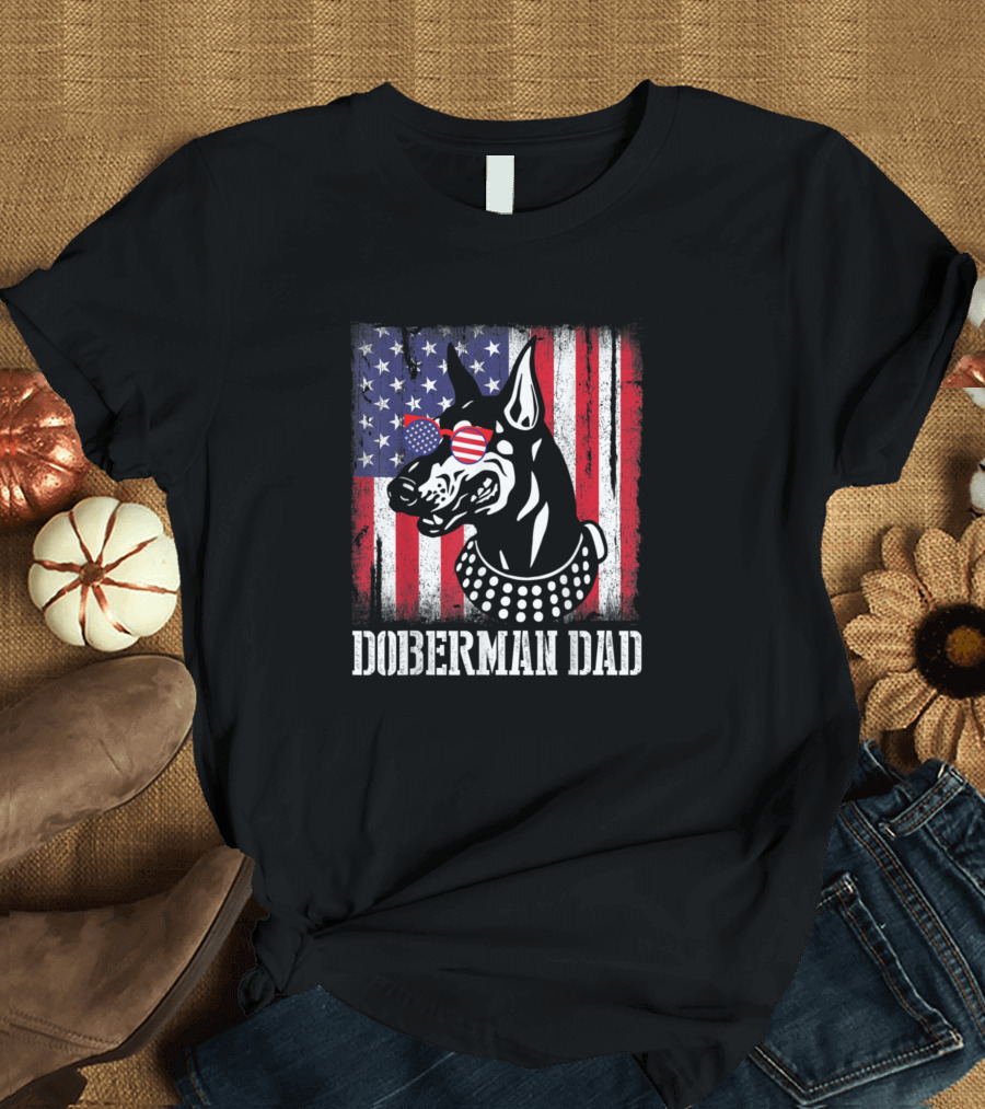 Doberman Dad Patriotic American Flag Sunglasses T-Shirt