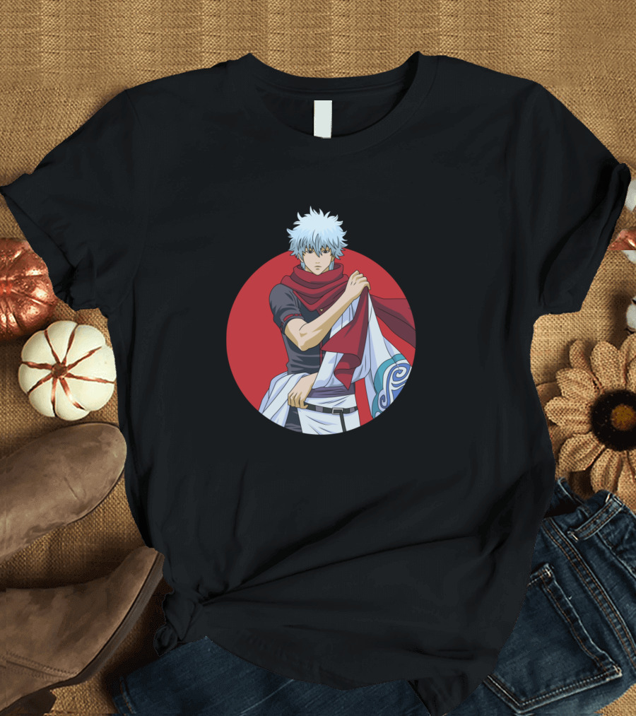 Gintama Sakata Gintoki Red Circle Scarf White Hair Character T-Shirt