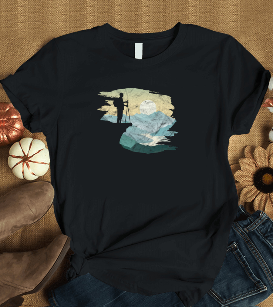 Hiking Hiker Mountain Cliff Silhouette on Scenic Cliff Edge T-Shirt
