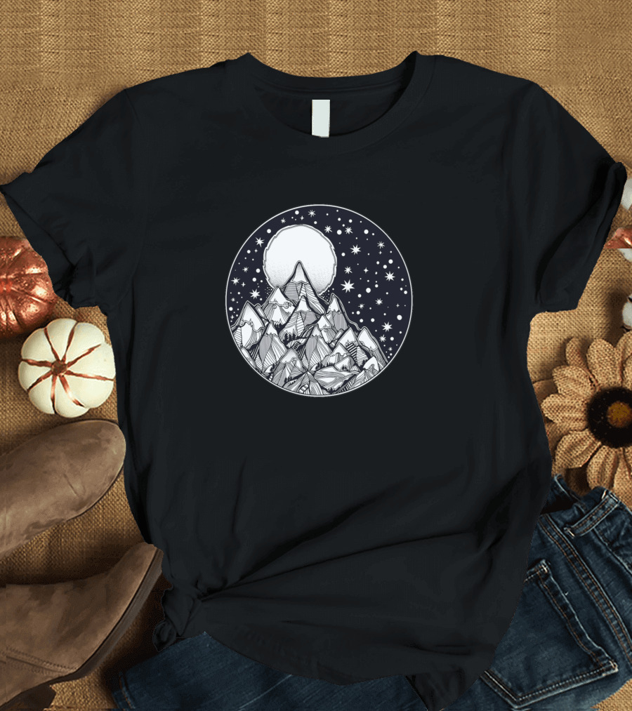 Night Mountain Range with Stars and Moon T-Shirt