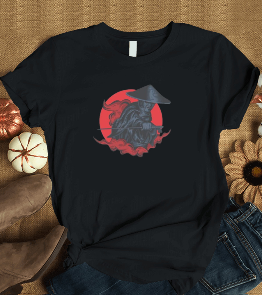 Samurai Warrior in Black Robes with Sword and Red Moon T-Shirt