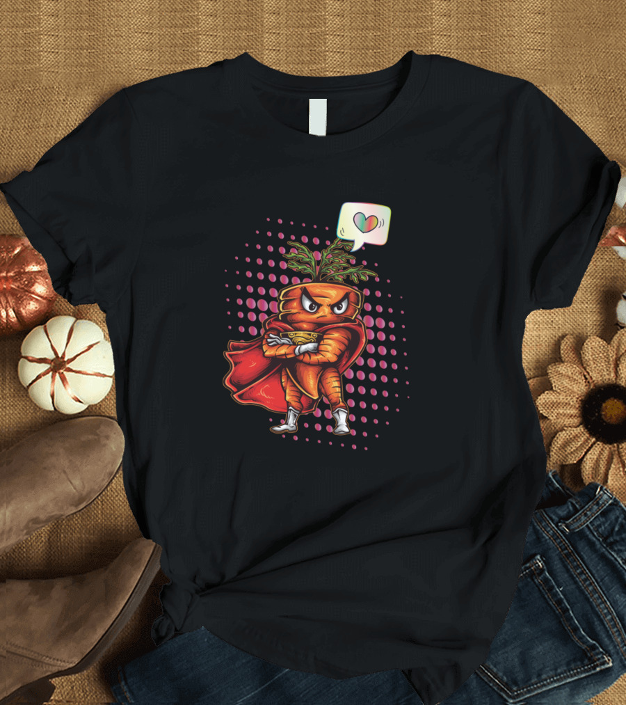 Superhero Carrot with Heart Symbol in Comic T-Shirt
