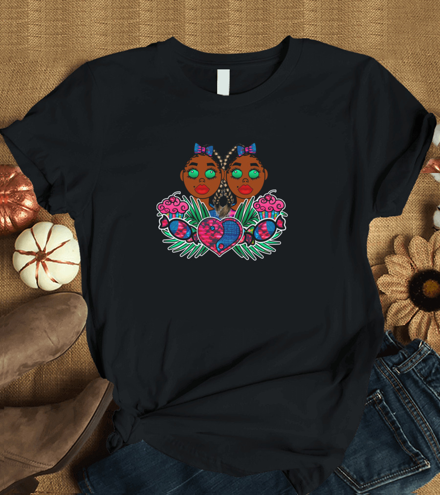 Yin And Yang Twin Girls Heart Motif T-Shirt