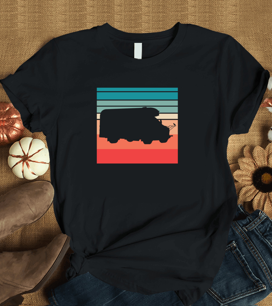 Retro Sunset Striped Silhouette School Bus Scene T-Shirt