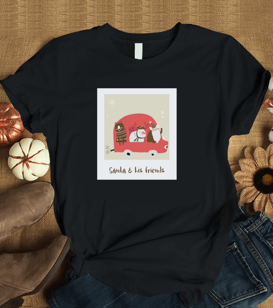 Santa and His Friends in Red Car Cute Xmas T-Shirt