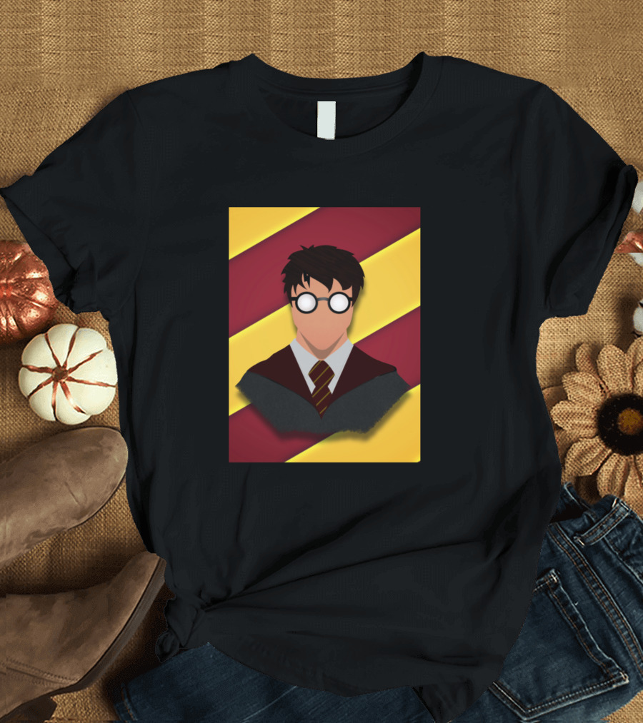 Who Lived Wizard School Boy with Glasses and Red Golden Stripes T-Shirt